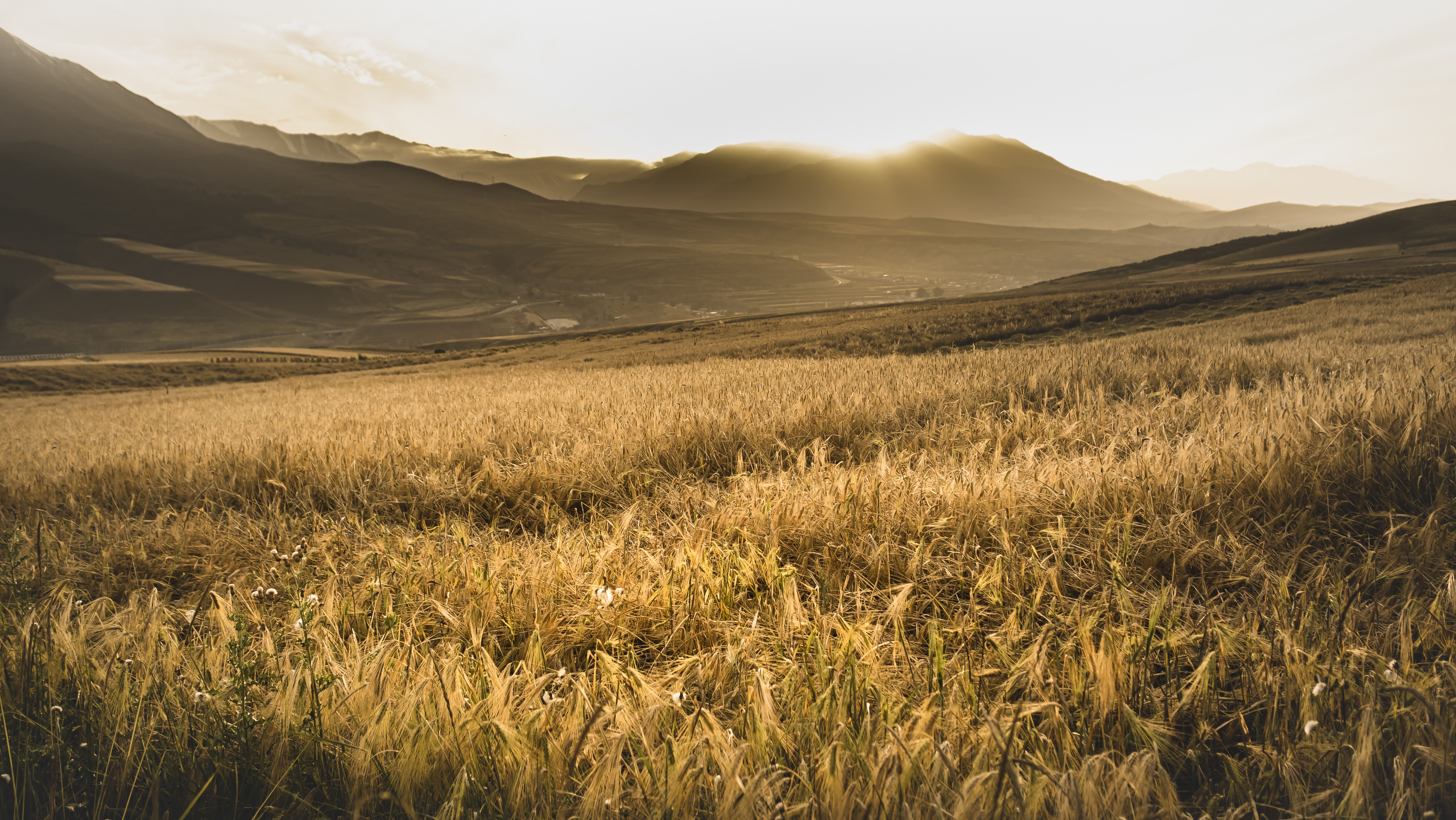Beautiful Landscape With Fields Mountains Scenic Sunset