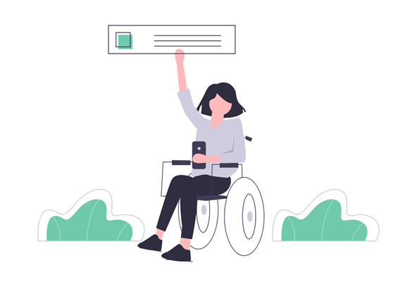Lady in a wheelchair holding up a web page