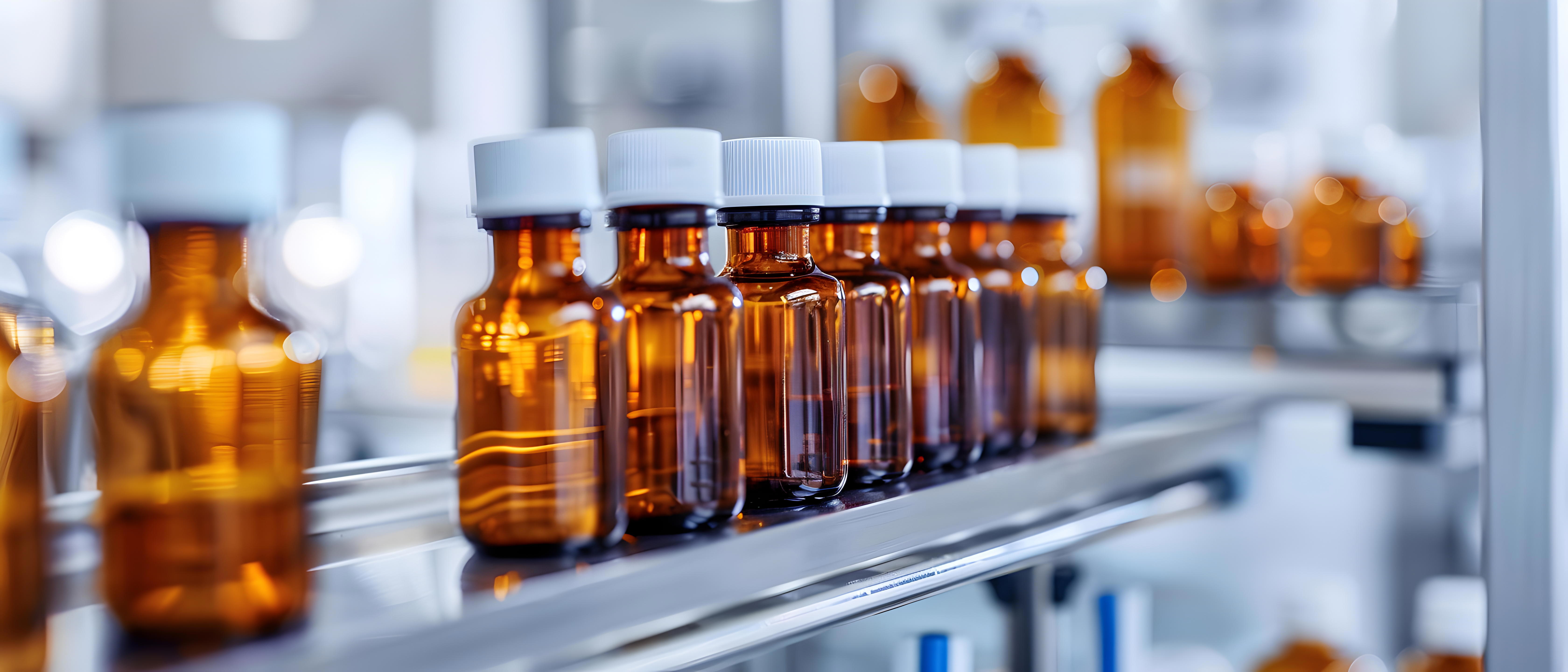 Biopharmaceutical Production Manufacturing Process Row Vials With Various Brown Liquids Inside